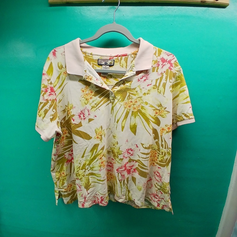 Caribbean Joe Polo Shirt 1X Pink Floral Tropical Vacation Short Sleeve Top